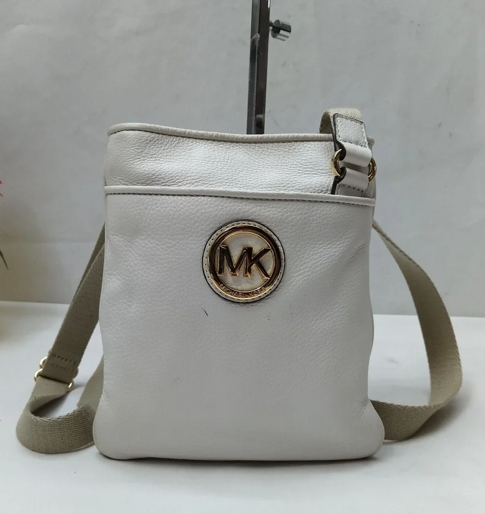 Michael Kors White Leather Round Logo Crossbody Bag